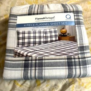 Flannel From Portugal Winter Check Flannel Sheet Set 4 Piece Queen 100% Cotton